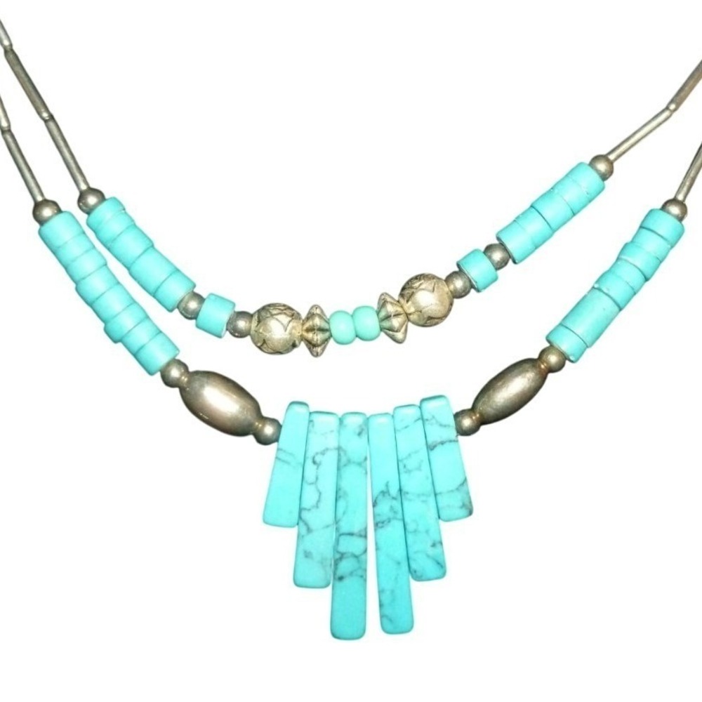 Southwestern Faux Turquoise Beaded Double Strand Necklace Silver Tone Western